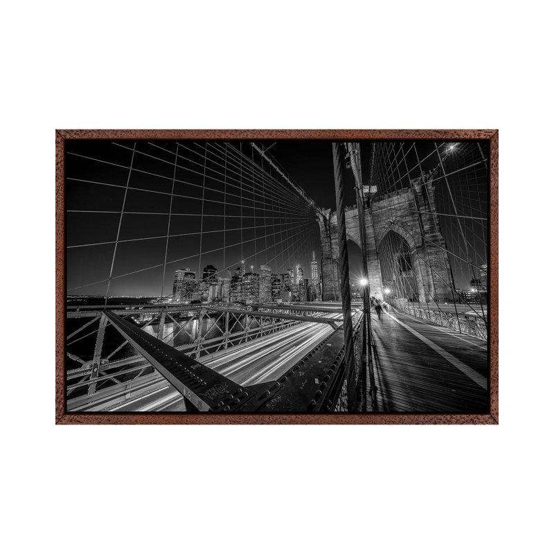 Brooklyn Bridge Lights by Stefan Schilbe - Print on Canvas, Classic Brown Wood Floater Framed