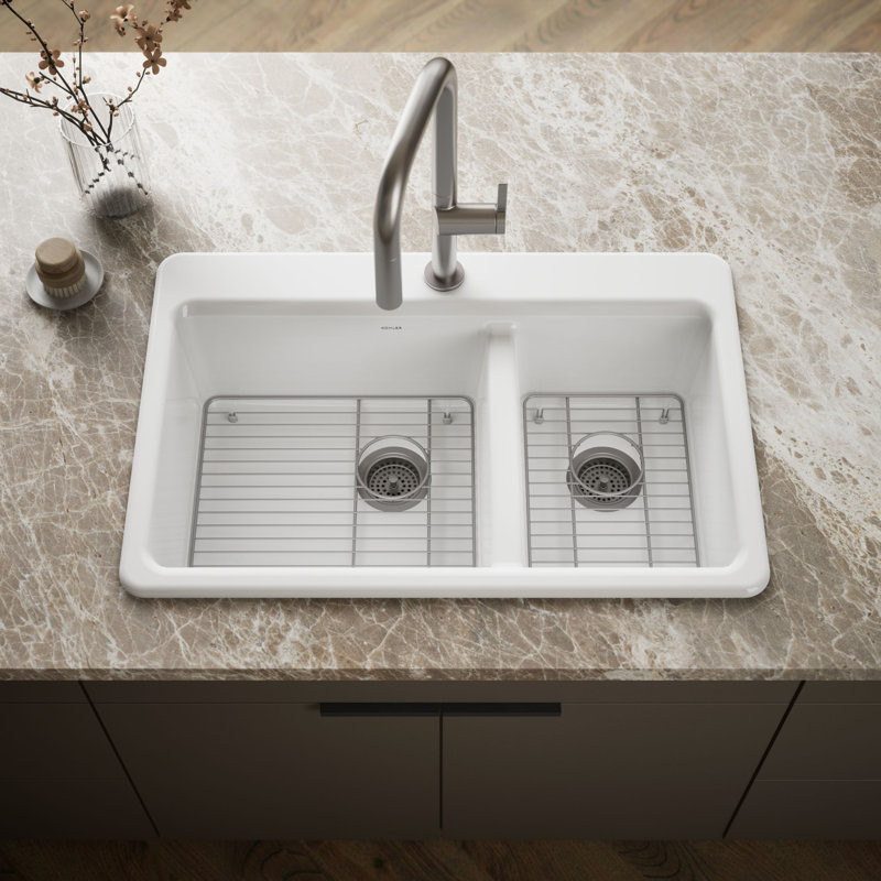 Riverby 33 In. Top-Mount Double-Bowl Kitchen Sink, White, 1 hole, Large/medium bowls