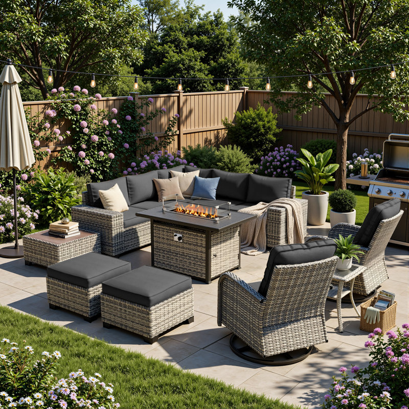12-Piece Outdoor Modular Sectional Patio Conversation Set With Fire Pit Table, Swivel Rocker Chairs & Ottomans, Black