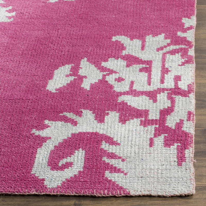 Tapis ikat en laine / viscose / coton noué à la main Stone Stone rose / blanc, Rectangle 5 pi x 8 pi