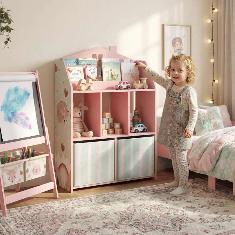 AIYAPLAY Kids Bookshelf with Storage, Toy Storage Unit, Book Display, Pink