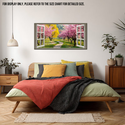 Spring Wall Art, Nature and Floral Landscape Canvas Prints, Open Window Style Cherry Blossom Pictures Bright Forest Painting Big Scenery Artwork for Living Room Wall, 12x24 inches