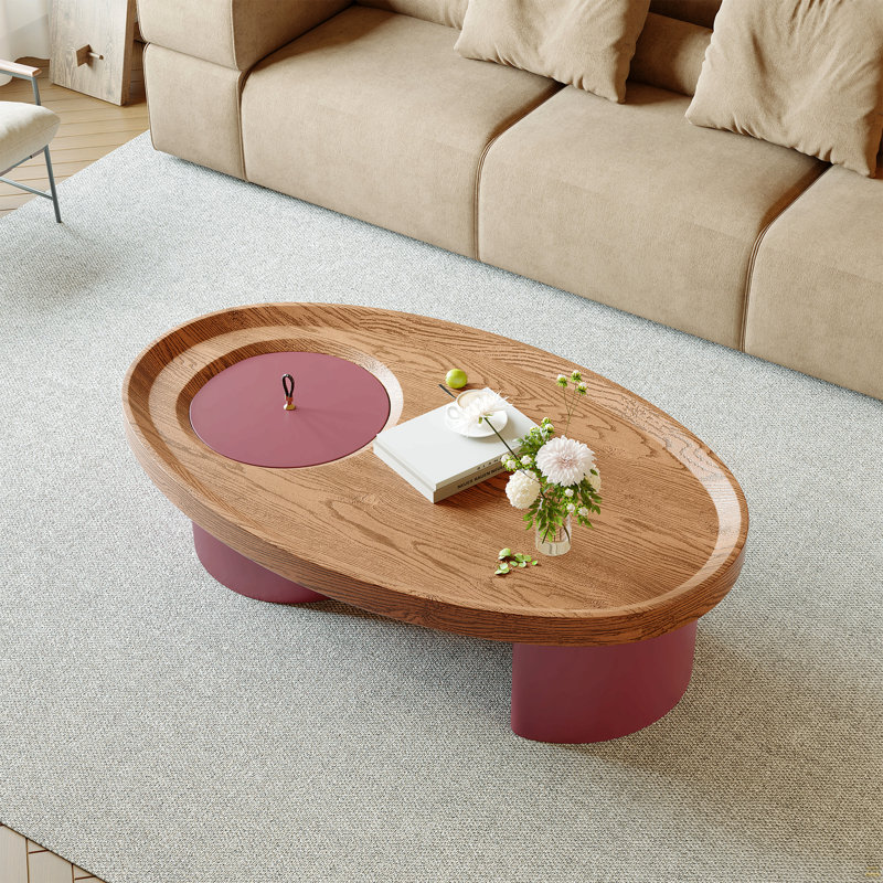 Table basse ovale en bois avec rangement 45,3 po, plateau en noyer avec pieds rouges, table de salon Mid-Century moderne, mobilier d'appoint de style campagnard pour grands espaces, assemblage facile