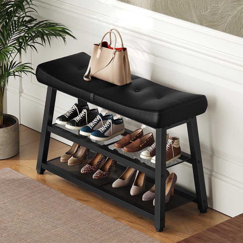 3-Tier Shoe Storage Bench with Cushion, Entryway Bench for Hallway, Foyer & Bedroom, Black