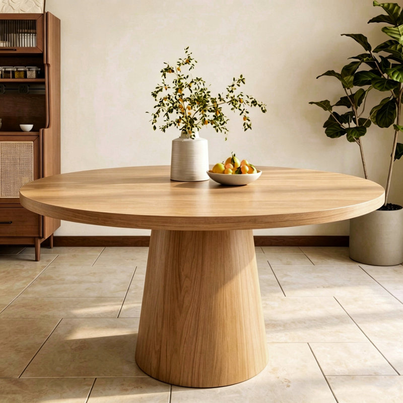Table de cuisine ronde en bois de chêne massif à piédestal Holguin, 29.52"H x 53.15"L x 53.15"W, Natural Oak