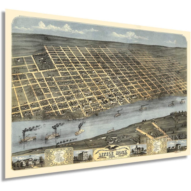 Carte vintage de Little Rock, Arkansas, 1871, impression sur papier, H 24 po x l 36 po x P 0,1 po