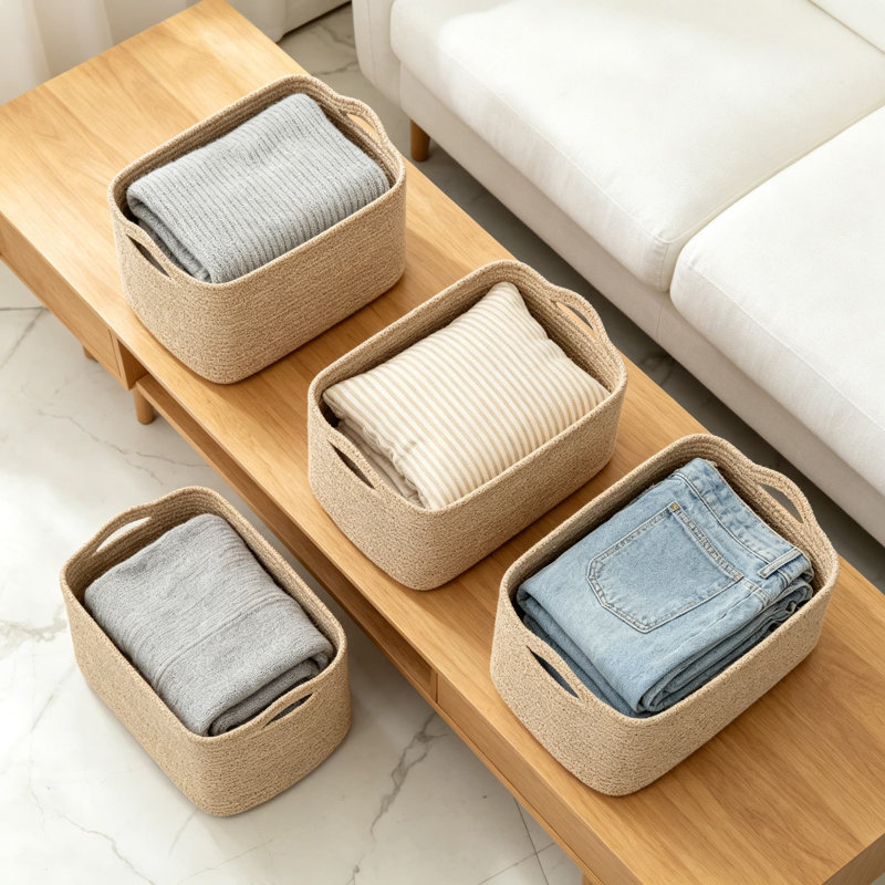 Woven Cotton Rope Storage Baskets, 4-Pack Collapsible Rectangular Organizer Bins For Shelves, Closet, Nursery, And Home Decor