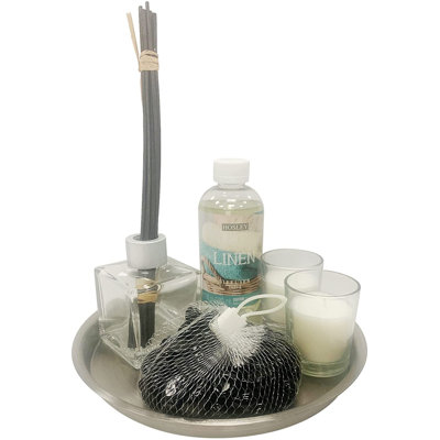 Hosley Aromatherapy Linen Diffuser Gift Set All in One, 230ml Linen Diffuser Refill Oil, Glass Diffuser Bottle, Reed Sticks, Metal Plate, Glass Black Filler and 2pcs Filled Candles in a Set