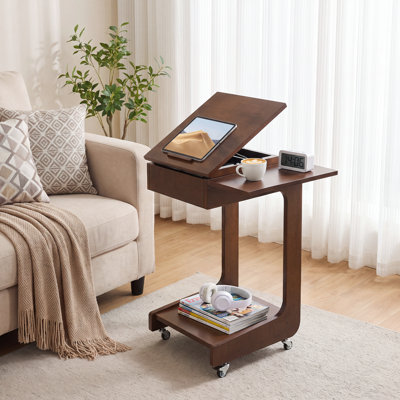 Table de bout en C en bois massif 15,74 po 1 pièce Table de bout en noyer réglable à 360 ° avec support pour ordinateur portable et tablette pliable