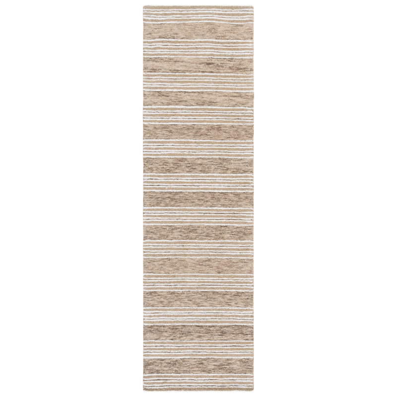 Laine de pin touffetée à la main 803 Coton Tapis rayé en latex ivoire / taupe, Tapis de couloir 2 pi 3 po x 8 pi