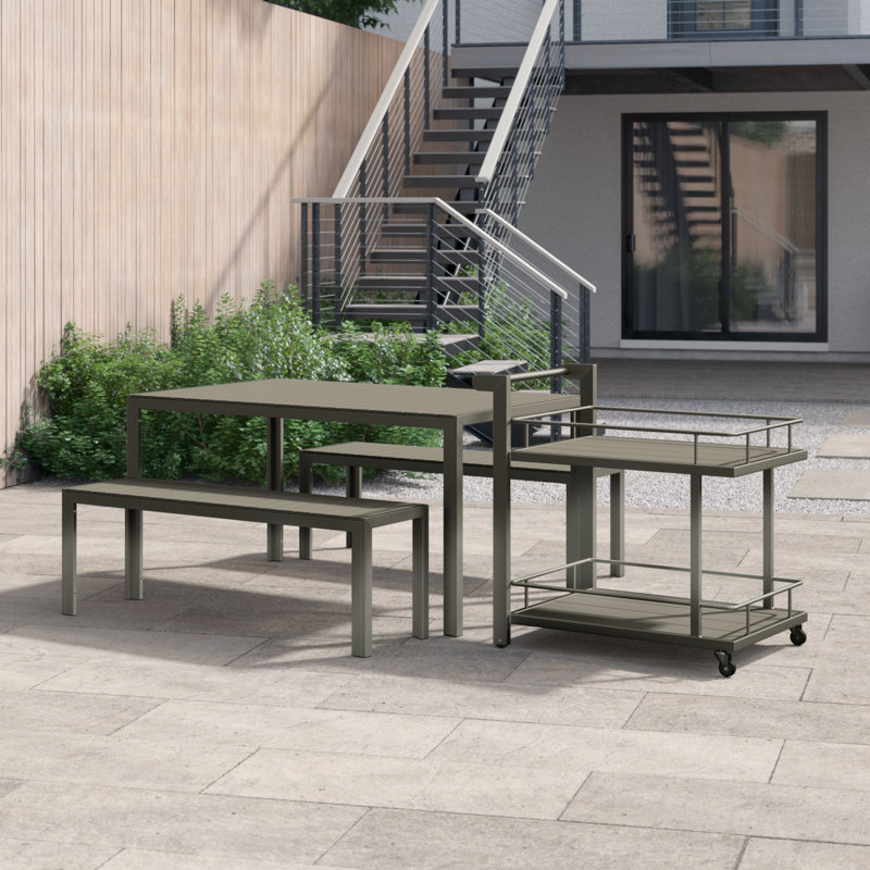 Breakwater 6-Person Aluminum Patio Dining Set with Rectangular Table – Modern Outdoor Dining with Polyresin Slatted Top for Water Drainage & Matching Bar Cart