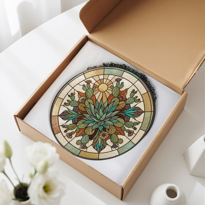 Succulent Sunburst Stained Glass Window Panel，12"H