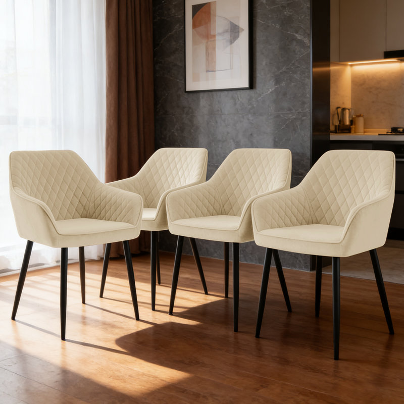 Velvet Upholstered Dining Chairs With Armrests & Diamond Tufting  , Beige