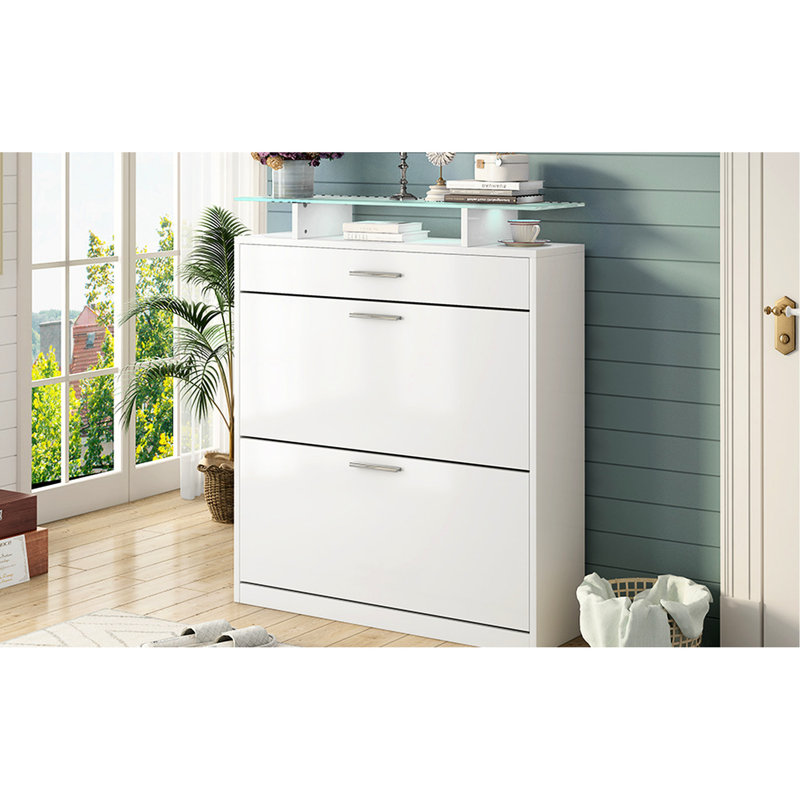 Élégant rangement à chaussures pour hall d'entrée avec 3 tiroirs et lumières à DEL, 2 tablettes blanches pratiques, Blanc