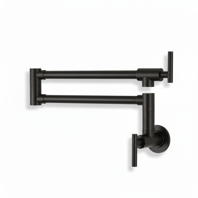 Commercial Wall Mount Pot Filler Kitchen Faucet, Folding Stretchable Double Joint Swing Arm With Dual Handles, Matte Black