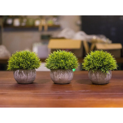 Mini Artificial Plants Plastic Fake Green Grass Topiary Shrubs With Gray Pot For Home Décor – Set Of 3