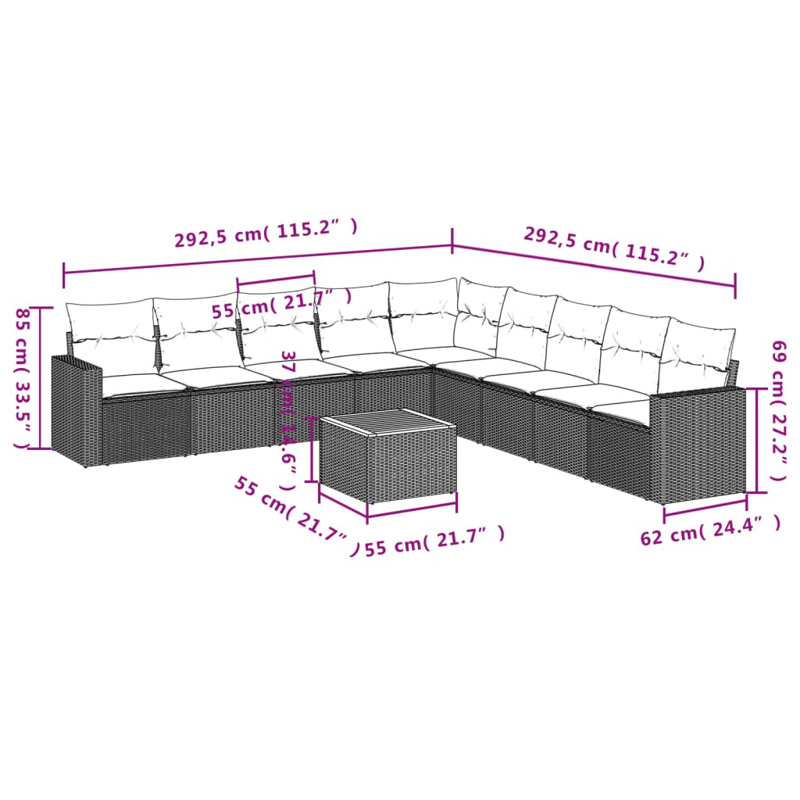 Ensemble de canapé de patio 10 pièces avec coussins en rotin de polyester, Gris, Marine