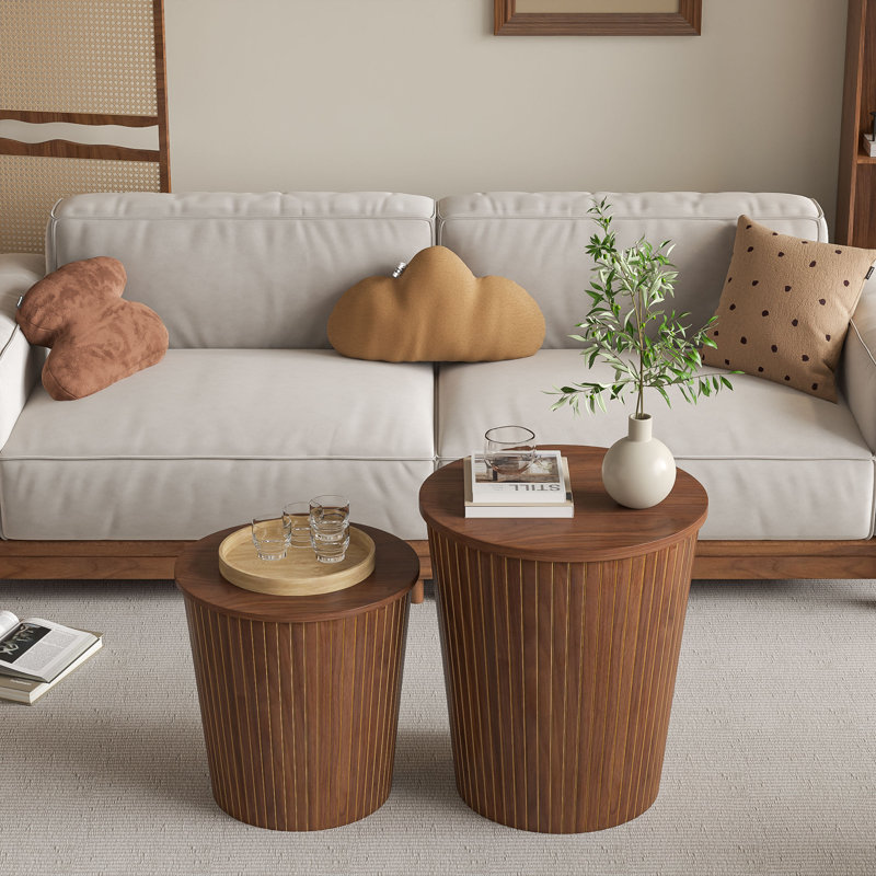 Round Coffee Table Set, Nesting Table Set Of 2, Nesting End Tables, Round Coffee Table With Storage For Living Room, Walnut