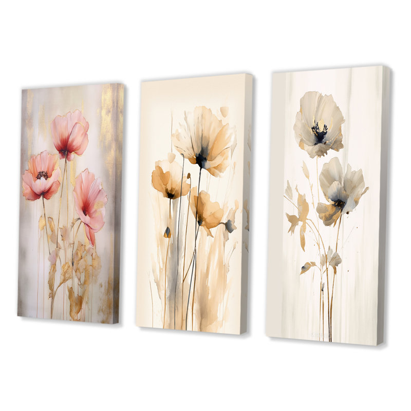 «Coral Vibrant Poppies», 3 pièces, Toile tendue, H 20 po x l 36 po