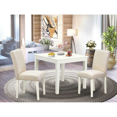 3-Piece Linen White Finish Square Solid Wood Top Dining Table Set