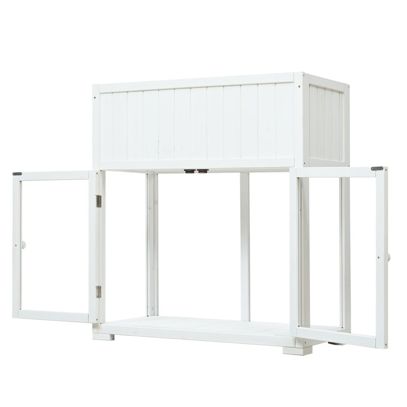 Mini Wood Cold Frame Potting Bench, Compact 2 Doors Garden Greenhouse with Wheels, White