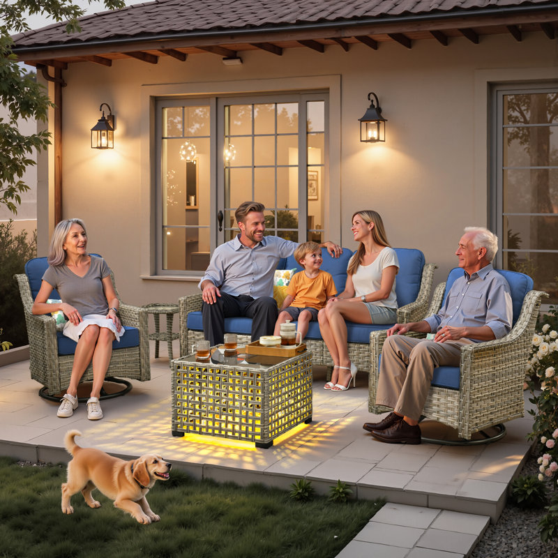 Harper 6 - Person Outdoor Seating Group with Cushions and Solar Powered Coffee Table, Navy
