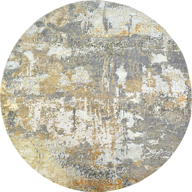 Tapis rond gris / noir / orange / blanc en laine noué à la main 3 pi Abstract