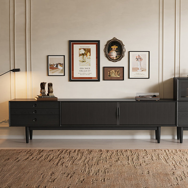 Meuble télé avec rangement en bois massif de style français, H 23,6 po x L 94,5 po x l 15,7 po, Noir