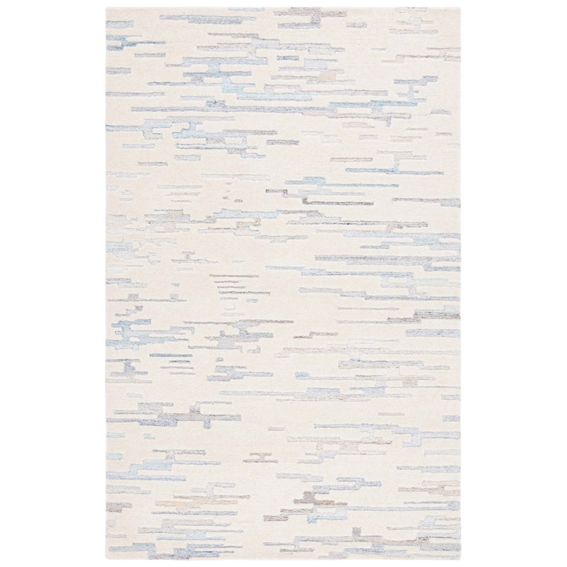 Tapis en laine / ivoire / bleu clair touffeté à la main Alonie, Rectangle 3 pi x 5 pi
