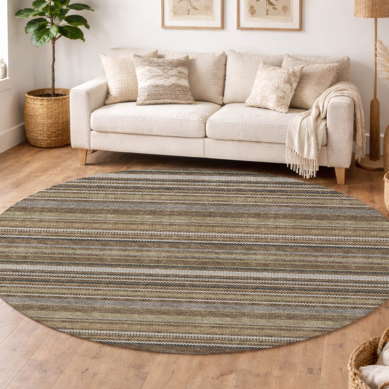 Tapis rayé Ceajay ACN3106 lavable à la machine pour l'intérieur et l'extérieur, Chocolat, 8' Round