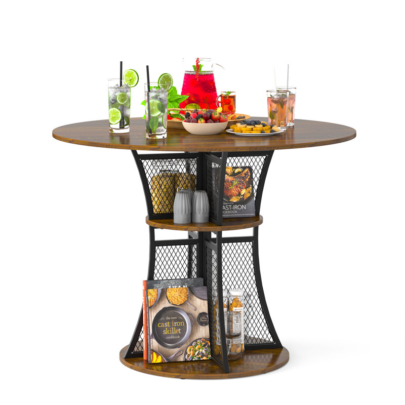 Round Wood Top Metal Base Dining Table, 29.68" H x 35.43" L x 35.43" W