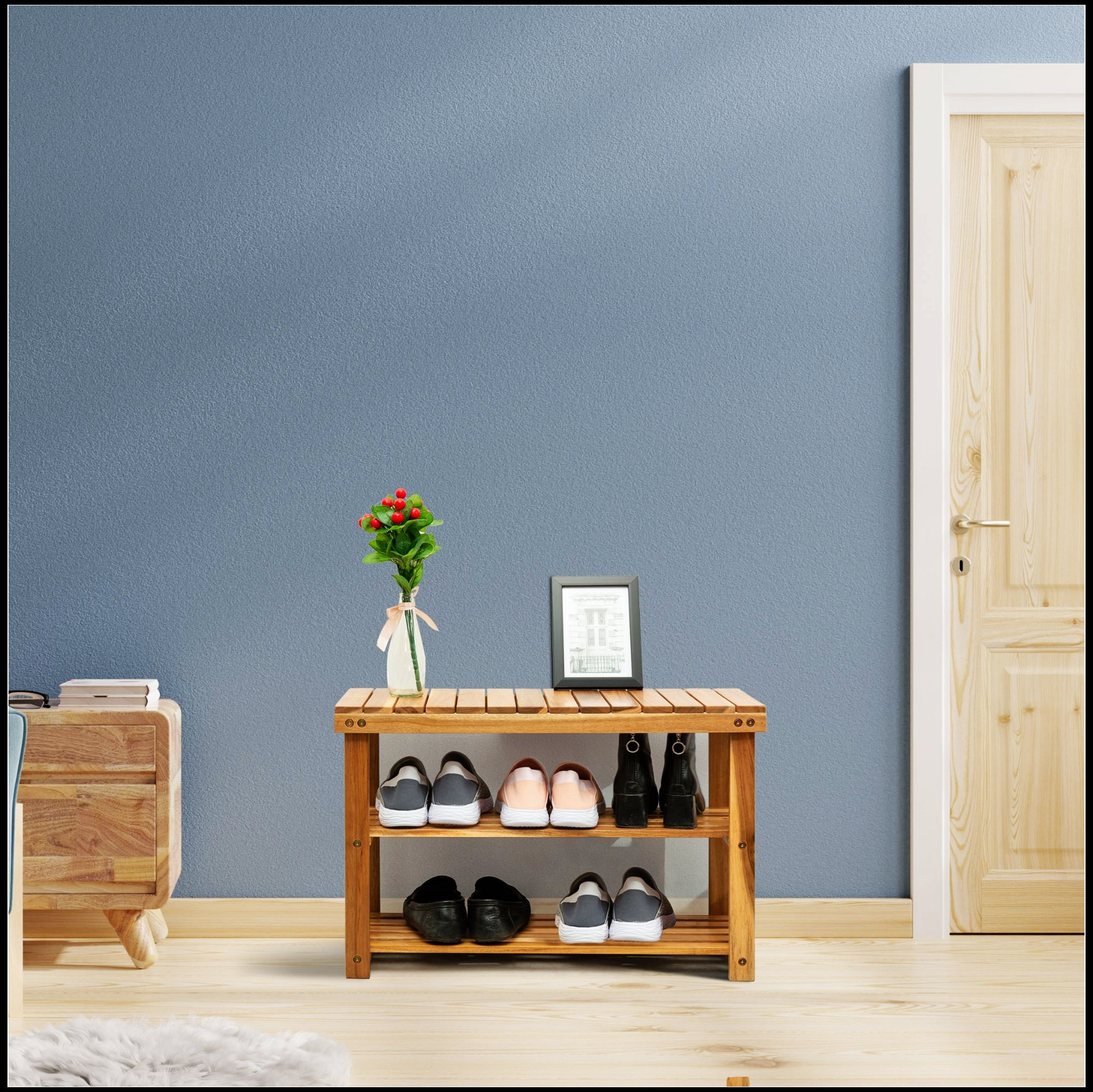 Ebern Designs Acacia Wood Shoe Rack Bench Strong Weight Bearing Upto