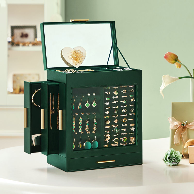 Boîte à bijoux en bois + miroir, Vert forêt