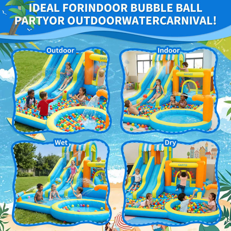 Inflatable Water Park 8-in-1 with Large Pool & Double Slides – Climbing Walls, Bounce House, Durable Oxford, Complete Set with 550W Blower – Indoor/Outdoor Play for Kids