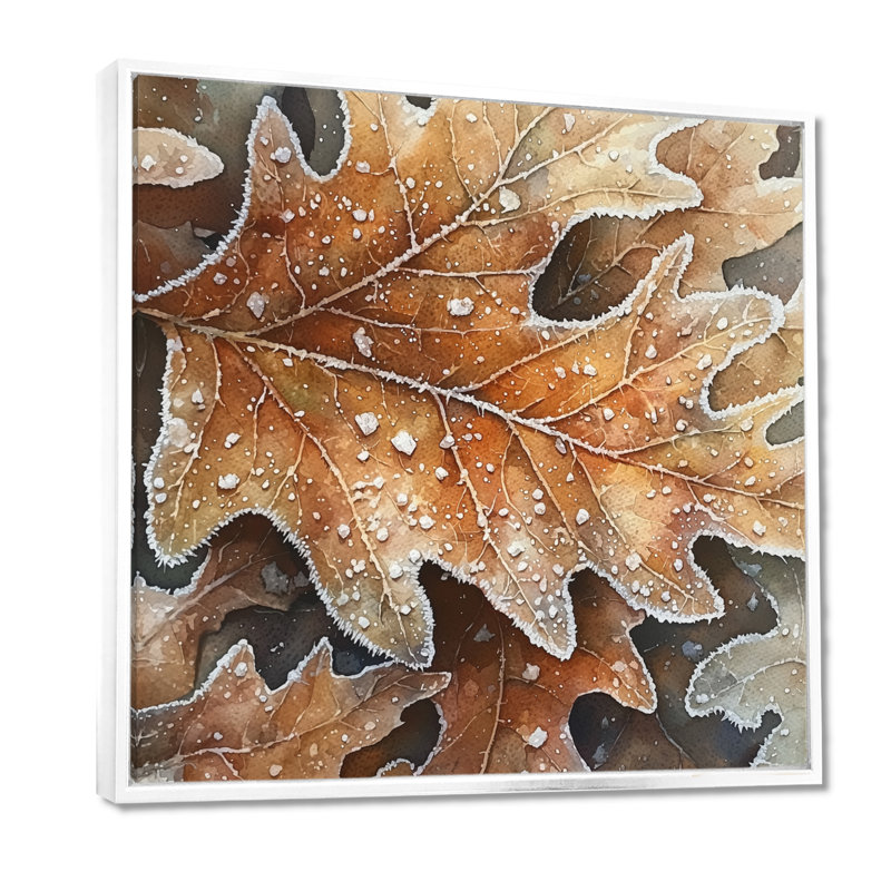 Frosty Oak Leaf III - feuilles, art mural, H 16 po x l 16 po, Impression encadrée flottante, Blanc