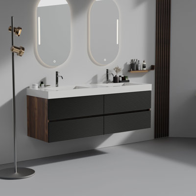 Meuble-lavabo mural avec surface solide et 4 tiroirs à fermeture en douceur