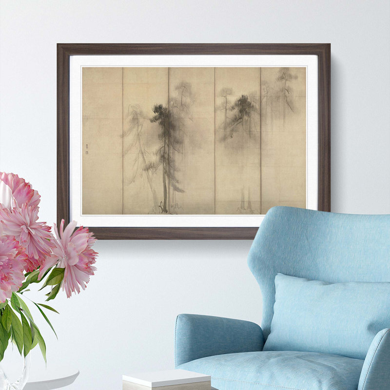 Pine Trees by Hasegawa Tohaku - Picture Frame Painting Print on MDF, Walnut Framed, 27cm H x 36cm W x 2cm D