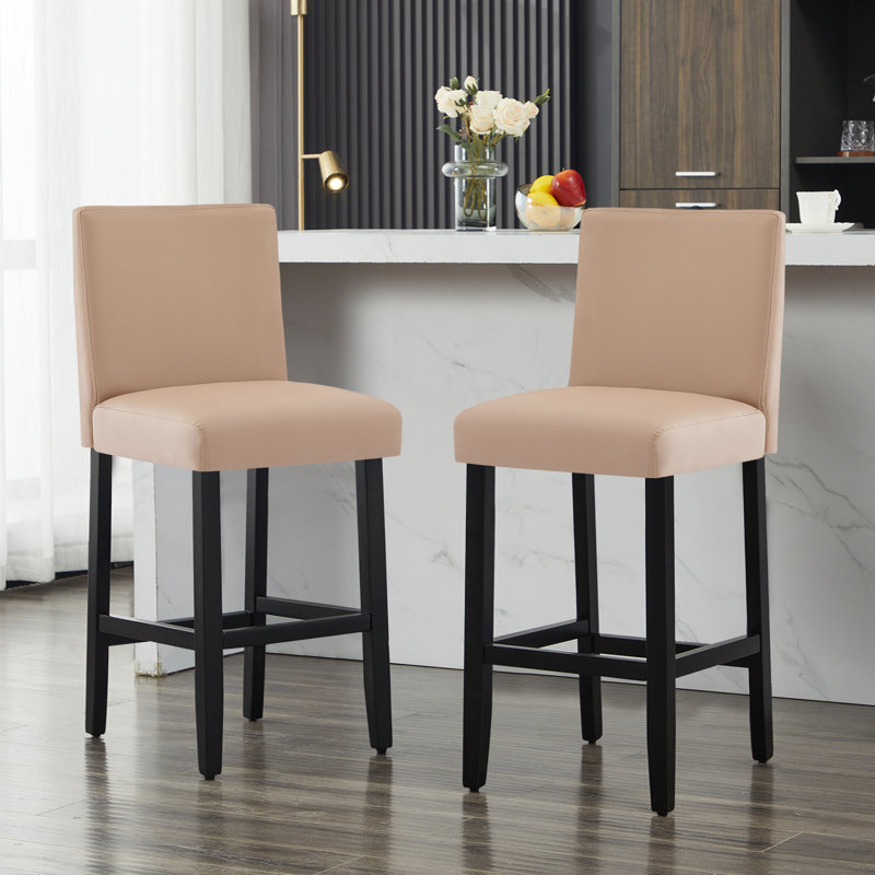 Tabouret de bar rembourré avec structure en bois massif, 2, Brun clair / similicuir