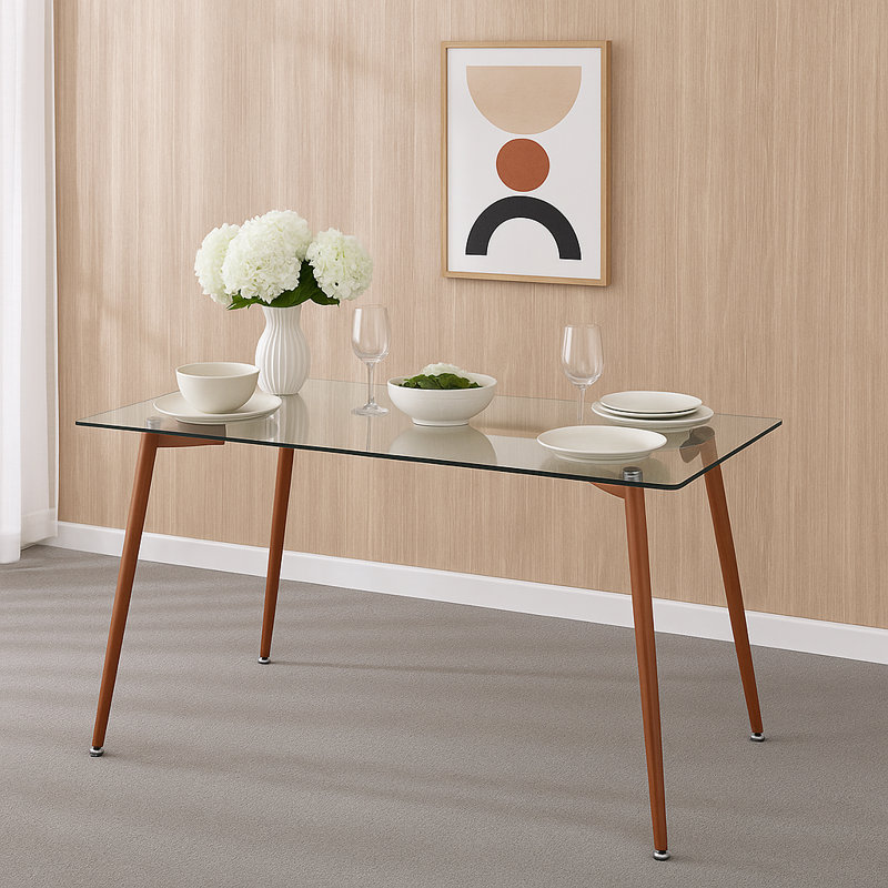 51" Modern Glass Dining Kitchen Table With Wooden Metal Frame Legs, Brown