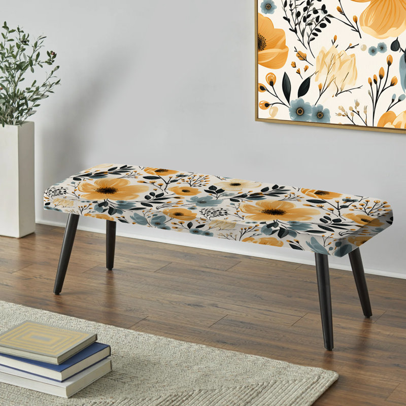 Banc rembourré floral noir, Watercolor Whimsy Yellow Floral Pattern