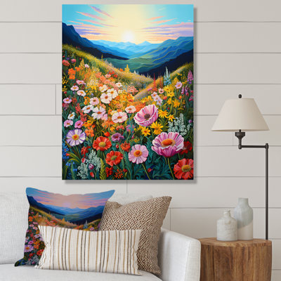 «Pink Seasonal Flowers Field In Mountain I», reproduction d'art sur toile