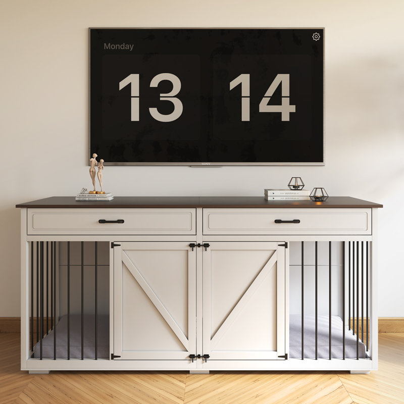 White Wooden Dog Crate with Room Divider and Drawers