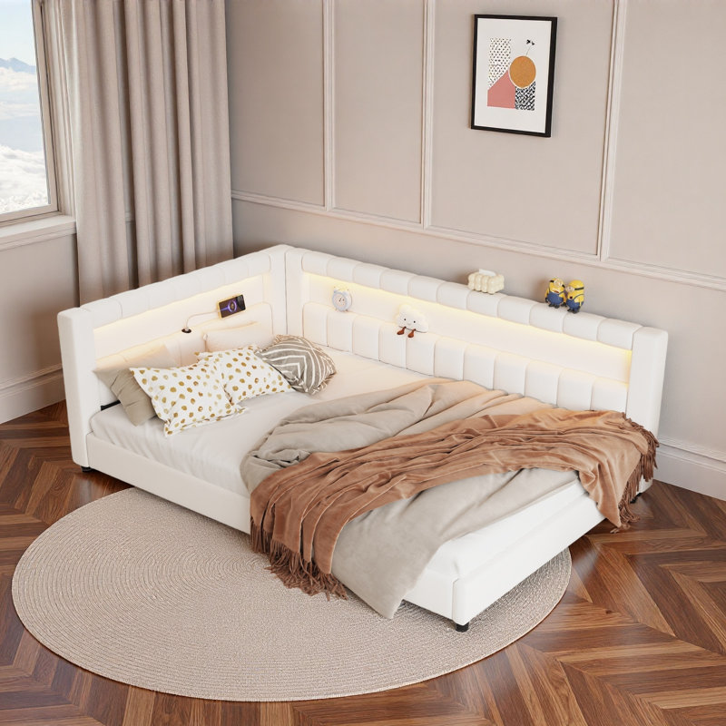 Upholstered Daybed With Usb Ports And Led Light Strips, Cream White, Full XL