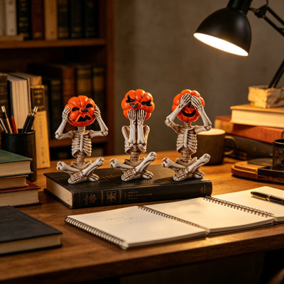 3 Piece Halloween Pumpkin Head Skeleton Figurines Set See No Evil Hear No Evil Speak No Evil Tabletop Decor