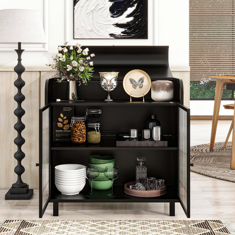 Modern Sideboard Buffet Cabinet With Tempered Figured Glass Doors, Flip Top, Inner Shelves, Metal Frame Storage Console