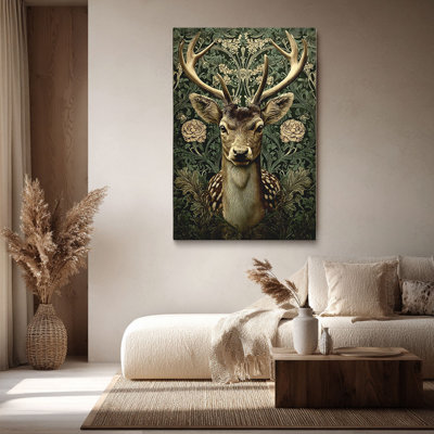 Cadre d'art tendu de style victorien «Spots Stag in William Morris-Style Floral (Ton élégant)»