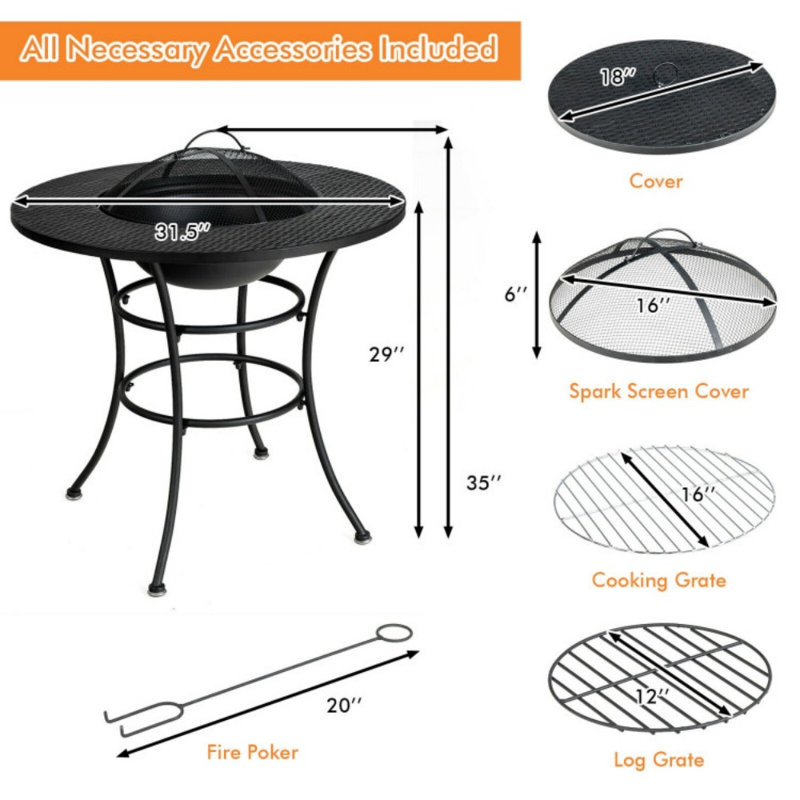 Table de salle à manger 31,5 pouces avec foyer et grille de barbecue