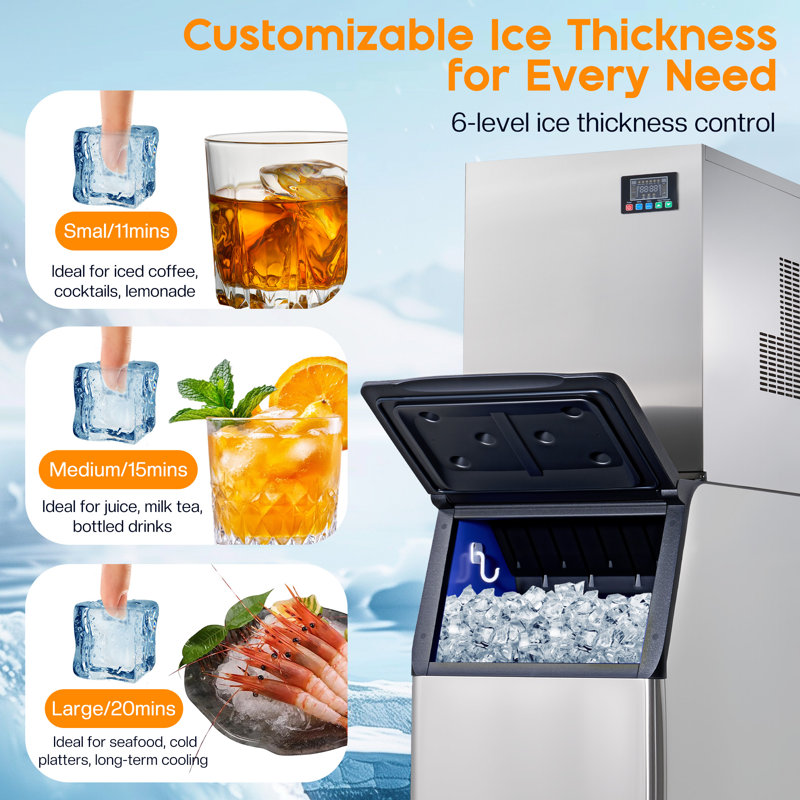 Machine à glaçons commerciale avec station de refroidissement AMERLIFE, comptoir de machine à glace en acier inoxydable de 400 lb / 24 H avec capacité de rangement de 243 lb, autonettoyant pour la maison / le bar / le restaurant