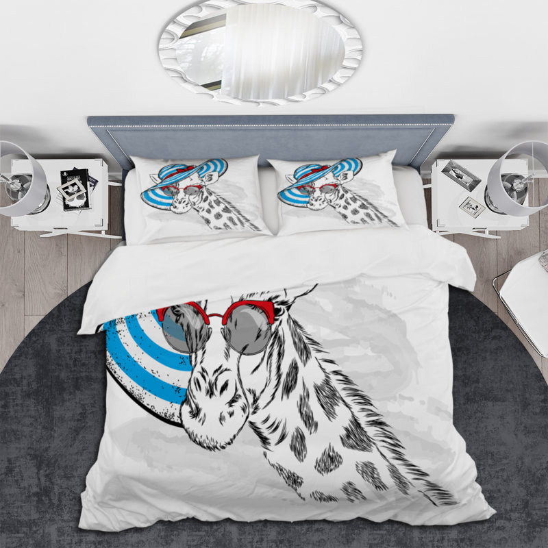 Girafe avec un chapeau bleu et des lunettes de soleil rouges - ensemble de housse de couette Children Art - microfibre de polyester