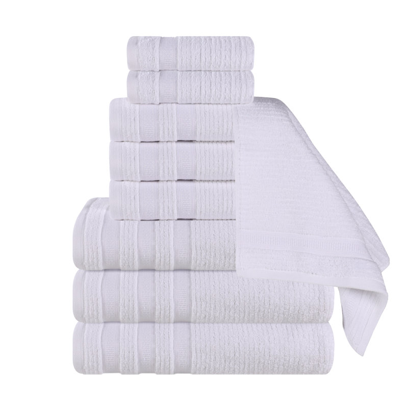 Orley Zero Twist Cotton Ribbed Modern Geometric Border Soft Highly-Absorbent Assorted 9 Piece Bathroom Towel Set, White